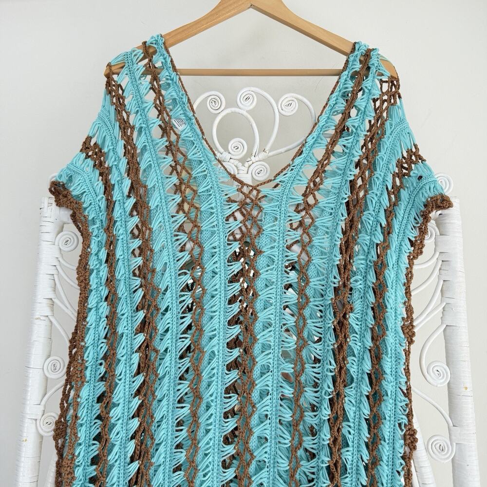 Crochet Maxi Cover Up Dress M/L Blue Brown Knit Boho Festival Cowgirl Beach - Picture 9 of 11